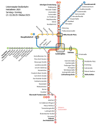 Liniennetzplan Straßenbahn, gültig in den Herbstferien samstags und sonntags
