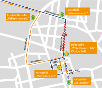 Ersatzhaltestelle "Pallaswiesenstraße" in Kasinostraße verlegt